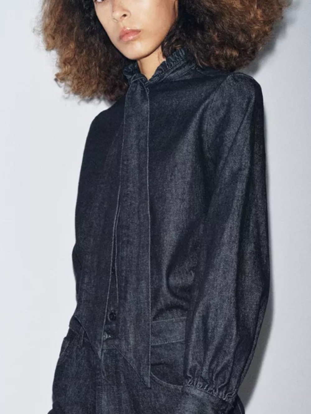 Zara Black Denim Jumpsuit with Hooded Collar